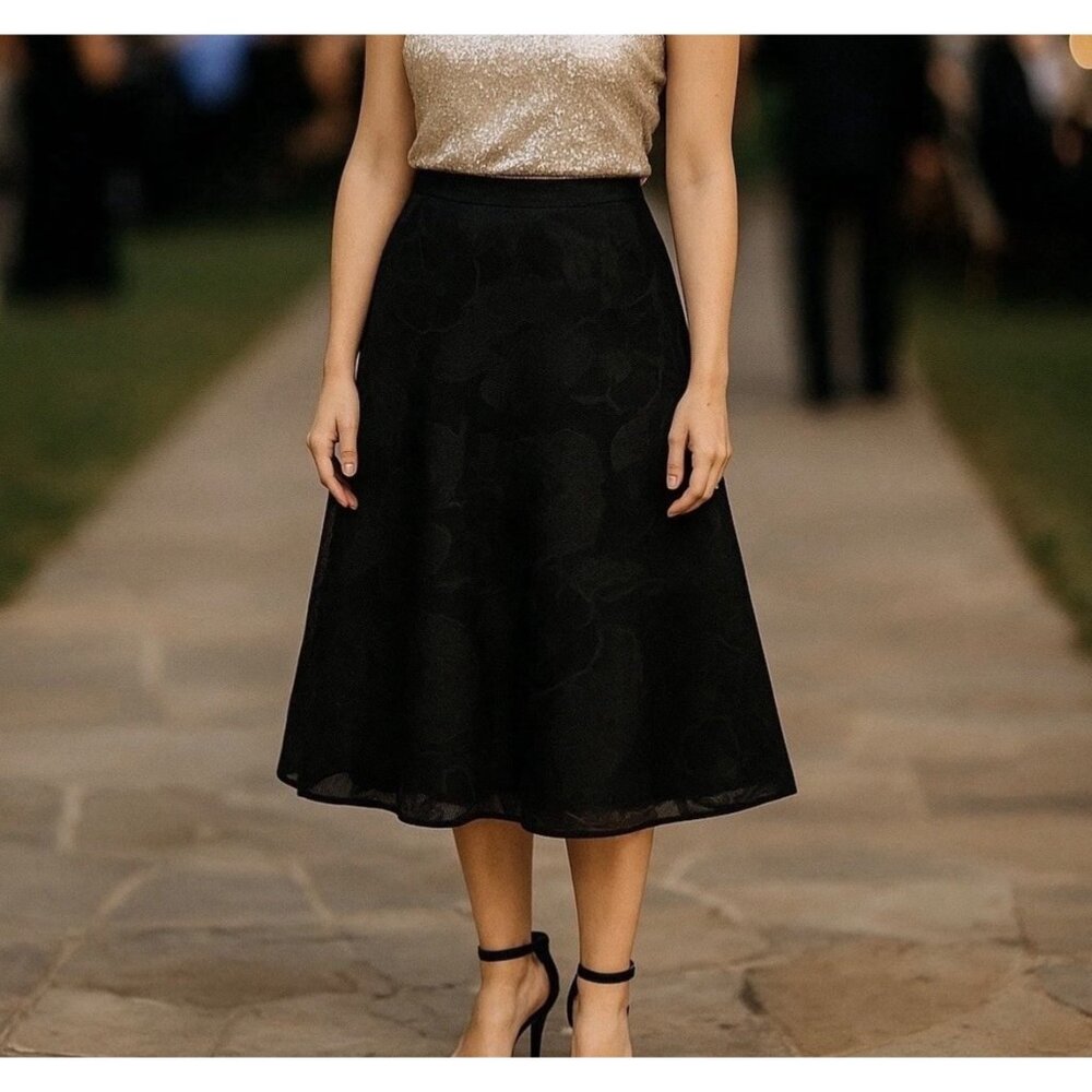 Rickie Freeman Teri‎ Jon Black Floral Mesh Overlay Maxi Skirt Size 10 Women's